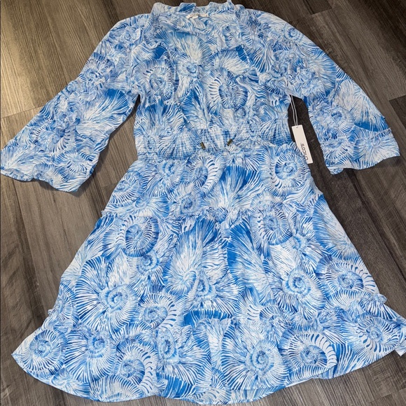 NEW Chico's $149 Chiffon Bell Sleeve Dress 1 blue and white seashells 6 smocked - Picture 2 of 11